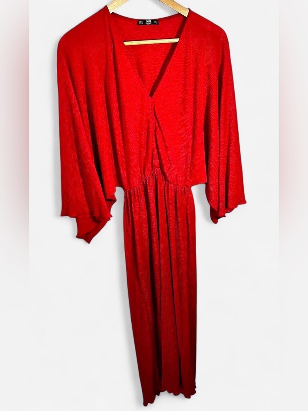 Zara Red Maxi Dress with V-Neck and Flowing Sleeves